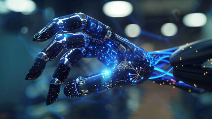 AI-powered prosthetic hand with neural interface technology displaying glowing circuits and advanced human-machine integration system. AI and robotic machine learning