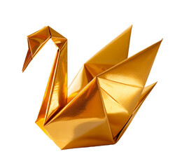 Elegant golden origami swan on a transparent background.