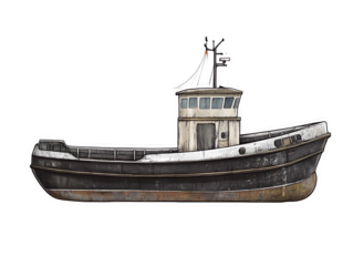Detailed illustration of a weathered fishing trawler boat isolated on transparent background