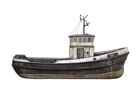Detailed illustration of a weathered fishing trawler boat isolated on transparent background