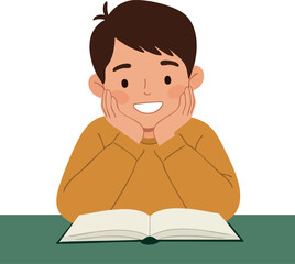 Boy smiling happily while reading an open book at table in casual orange sweater vector illustration
