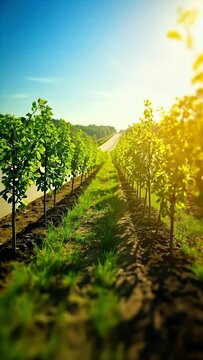 Young Orchard Trees Growing Beside Road in Summer Light
