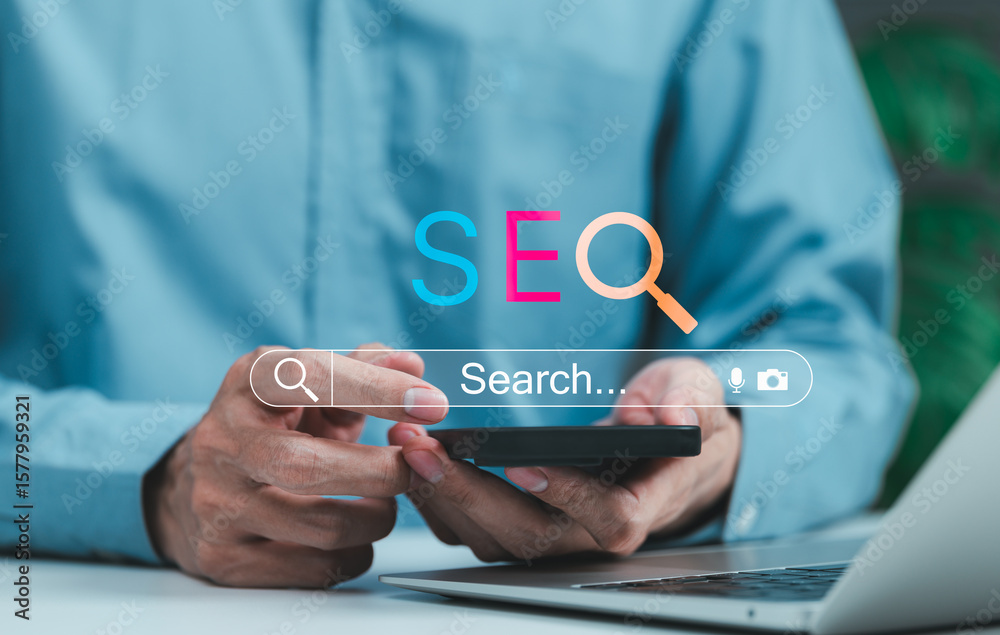 Wall mural seo search engine optimization digital marketing concept. man using phone with seo letters and searc