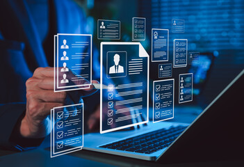 Digital resume screening by hr professional. Human resource manager evaluate resumes or CV online, modern recruitment and candidate selection processes. The best employees for corporate business.