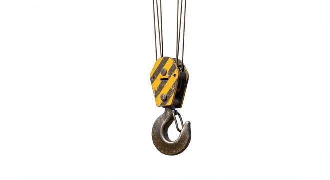 Industrial Crane Hook with Pulley System on White Background