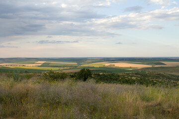 A grassy field with a body of water in the distance