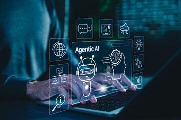 Agentic AI Technology for Intelligent Digital Automation Systems. Man using laptop with robot,...