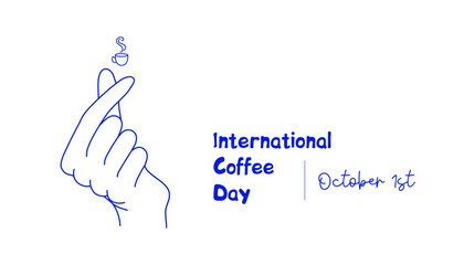 International Coffee Day. Hand gesture of love with coffee cup. Minimalistic hand drawn linear vector illustration in blue.
