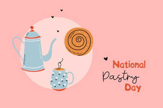 National Pastry Day. Cute vintage banner with bun, kettle and cup. Colorful flat design vector illustration.