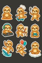 Cheerful Cute Sloth Stickers Performing Yoga, Skateboarding, Cooking, Gaming, Surfing and More
