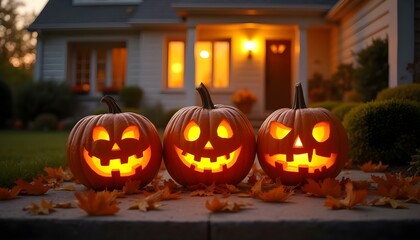 Fototapeta premium High resolution Halloween picture with three carved pumpkins with various spooky faces at twilight, falling leaves around, warm evening sunset light and cozy house in the background.