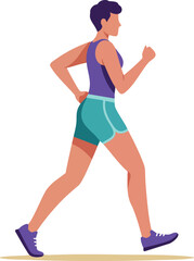 Active man power walking exercise fitness routine healthy lifestyle outdoors wearing purple top and teal shorts vector illustration