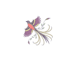 Obraz premium Stylized bird illustration with flowing tail feathers and leaves