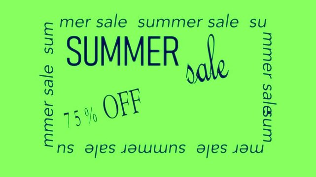 A lively summer sale promotional video with "SUMMER 75% OFF" in bold white text, framed by a decorative border of "SALE" and "75% OFF" phrases on a vibrant green background