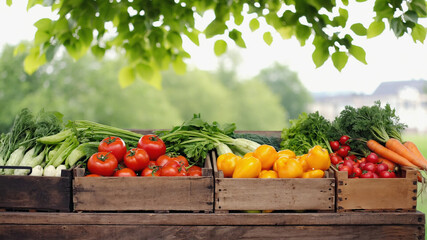 Wooden Crates Filled with Fresh Tomatoes, Peppers, and Carrots