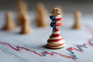 Wooden chess king painted with USA flag standing on financial chart with candlestick data, symbolizing American economic strategy and global market influence