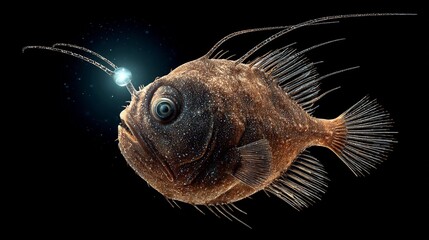 Deep sea anglerfish glowing lure isolated on black background realistic texture and detail showcasing deep ocean survival adaptation perfect for educational and scientific content