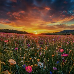 Obraz premium A vibrant meadow under a glowing sunset