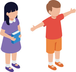 Children standing together with book and open arms in casual clothing simple vector design