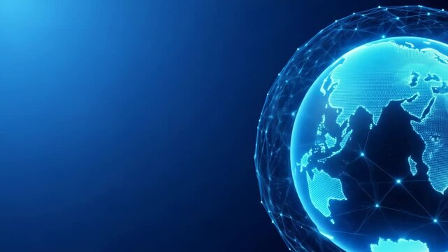 Glowing blue earth globe with connected network overlay - Powered by Adobe