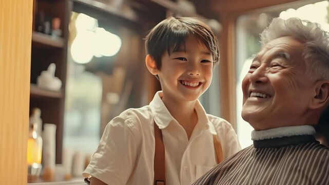 Grandson and Grandfather Haircut Smiles Warmly Inherit Love