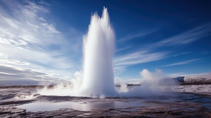 Powerful geyser erupts in a landscape of geothermal activity.