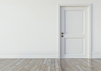Fototapeta premium White door on empty wall, copy space, 3D realistic wooden interior, minimal home design.