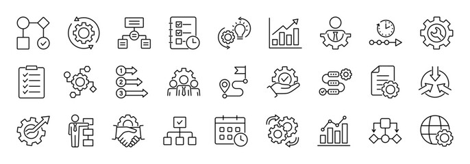 Workflow line icon set. Included planning, scheme, process, flowchart, progress, management, diagram, analysis, automation and more. Editable stroke. Vector illustration.