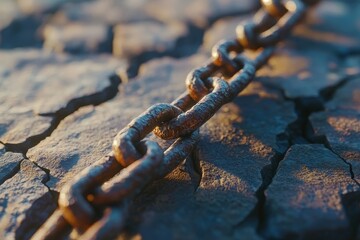 Rusty chain on cracked rock surface for adventure or decay themes. Gritty scene with texture for industrial or nature concepts. Great for strength or rugged designs.