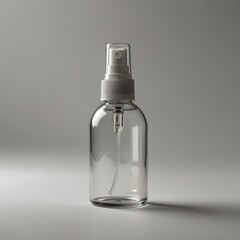 A clear plastic spray bottle with a light gray or white pump dispenser is positioned centrally against a plain, light gray background. The bottle is filled with a clear liquid, and its minimalist desi