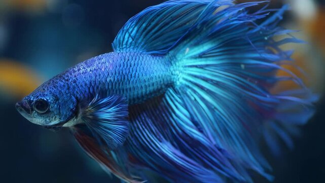 Blue betta fish: Vibrant blue betta fish with flowing fins swimming gracefully in an aquarium.  