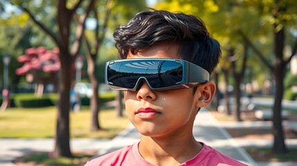 Boy wearing augmented reality glasses in park