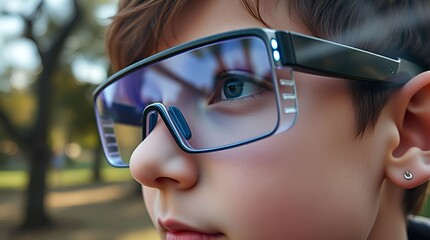 Boy wearing augmented reality glasses in park closeup	
