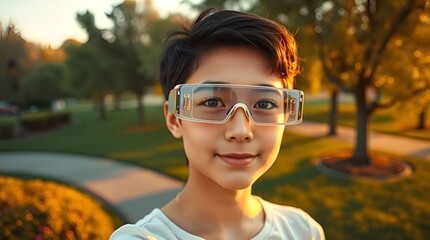 Young boy wearing augmented reality glasses in park	
