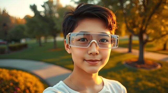 Young boy wearing augmented reality glasses in park	
