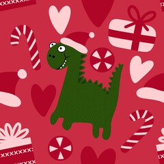 Christmas tree seamless dragon and gift box and balls and penguin pattern for wrapping paper and fabrics