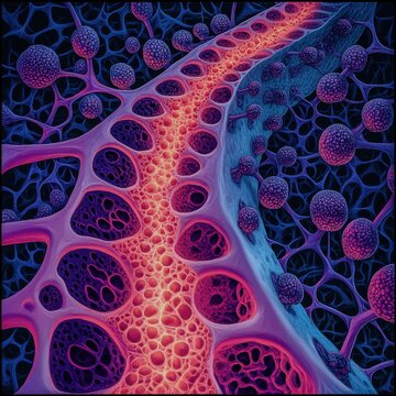 A vibrant illustration of human bone marrow with glowing details