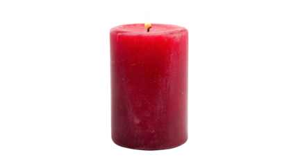 Red wax candle with a small flame, isolated on a white background or transparent PNG, showing smooth texture and glowing tip.
