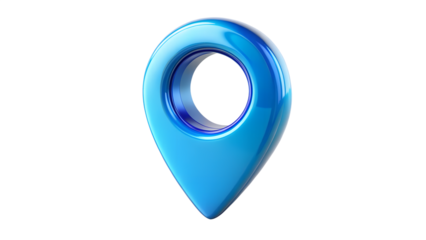3D Glossy Blue Map Pointer Pin Icon on Transparent Background
