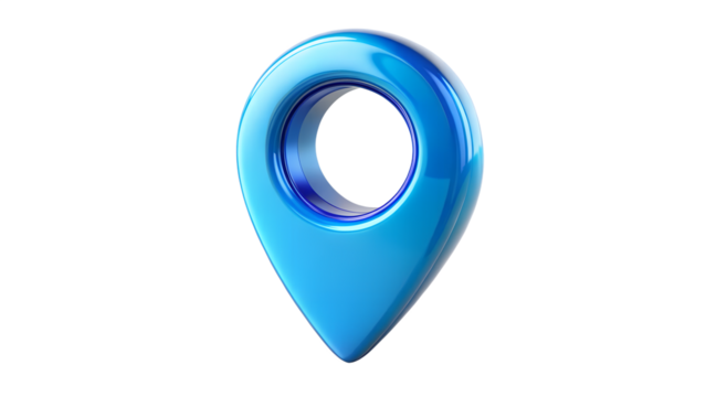 3D Glossy Blue Map Pointer Pin Icon on Transparent Background