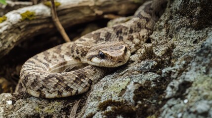 Obraz premium Close-up of a snake coiled on a rock.