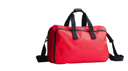 Stylish red handbag isolated on a white background or transparent PNG, featuring a sleek design with handles and smooth leather texture.
