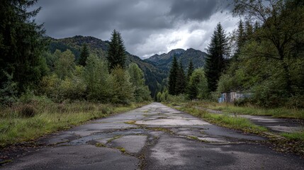 Abandoned mountain road under dramatic sky in lush forest landscape