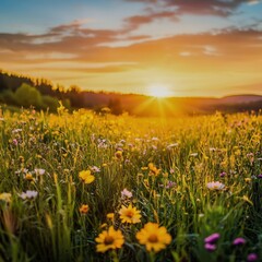 Obraz premium A vibrant meadow under a glowing sunset