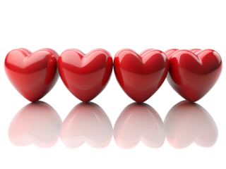 Row of Glossy Red Hearts with Reflection on Transparent Background