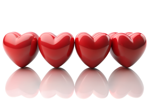 Row of Glossy Red Hearts with Reflection on Transparent Background