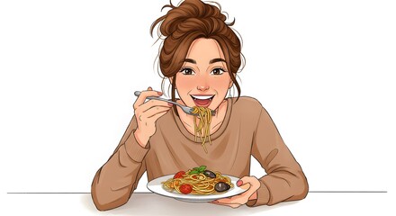 Charming Woman Enjoying a Plate of Pasta A Delightful Cartoon Illustration of Food, Culture, and Lifestyle in a Sweet and Wholesome Aesthetic