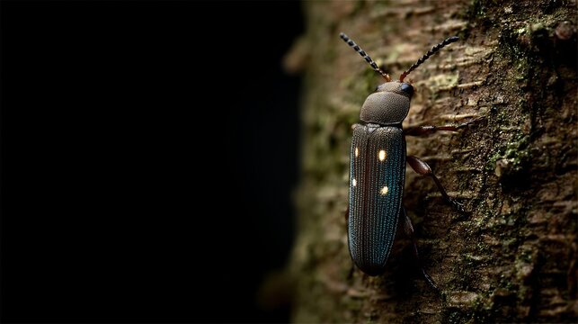 Glowing click beetle Pyrophorus noctilucus crawling tree bark at night visible light spots on thorax and abdomen clean dark forest background insect macro style