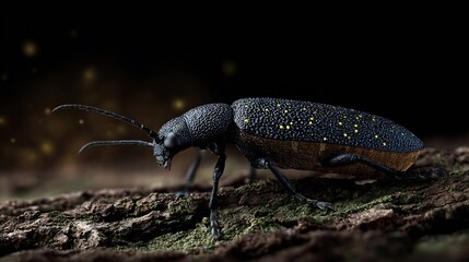 Glowing click beetle Pyrophorus noctilucus crawling tree bark at night visible light spots on thorax and abdomen clean dark forest background insect macro style
