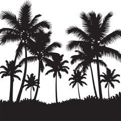 Tropical island beach vector art design with a palm tree silhouette under the summer sun